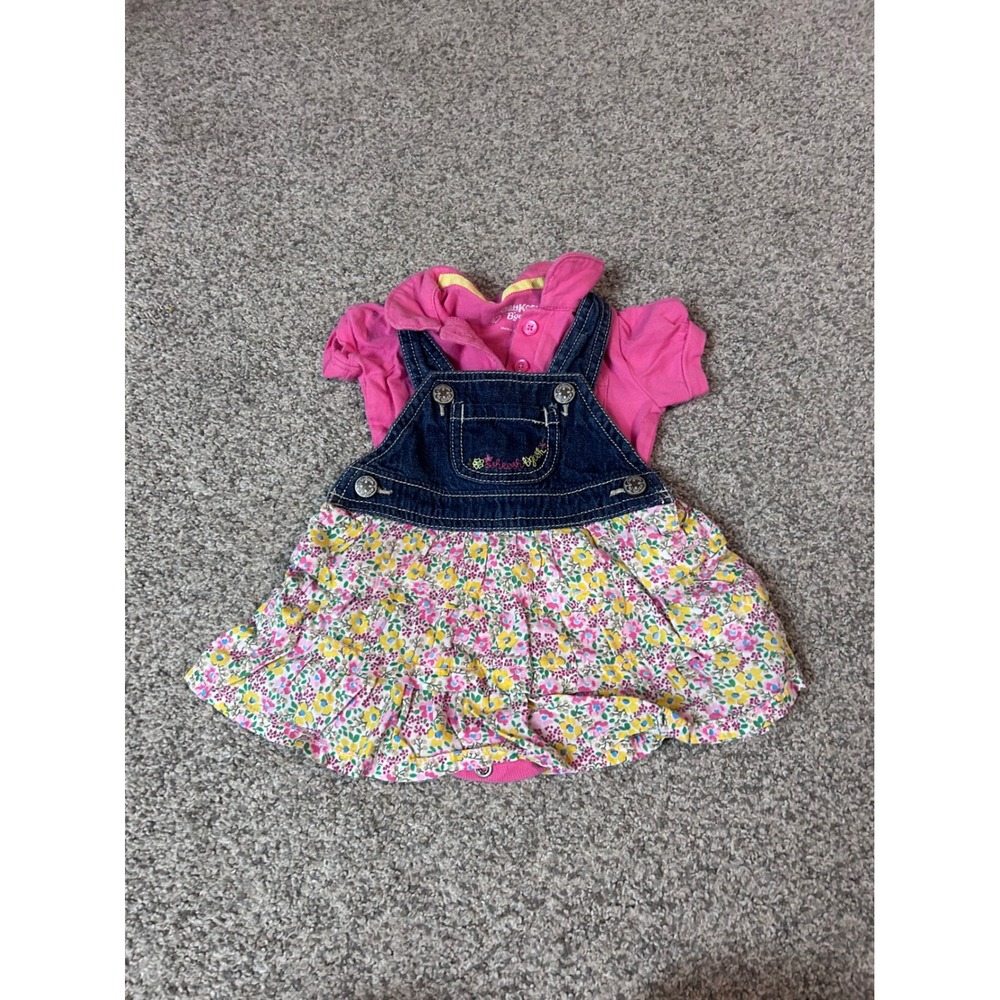 OshKosh Bgosh Baby Girls 3M Pink Polo Bodysuit Denim Floral Overall Dress Set